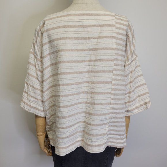Pure J. Jill 100% Linen Boxy Oversized Lagenlook Ivory Beige Stripe Top Petite M - Picture 5 of 8